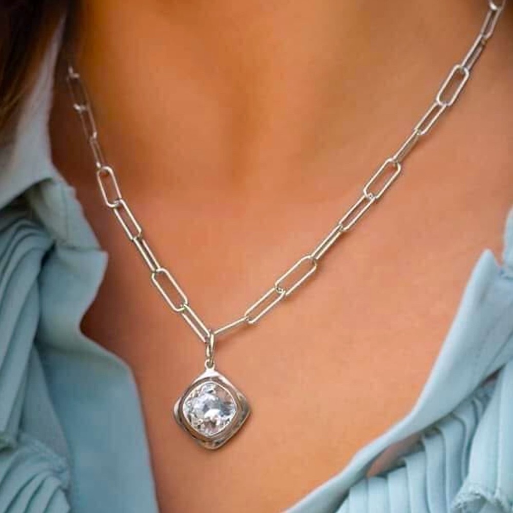 New Grace & Heart Sterling Silver Paperclip Necklace w/Crystal Swarovski Pendant